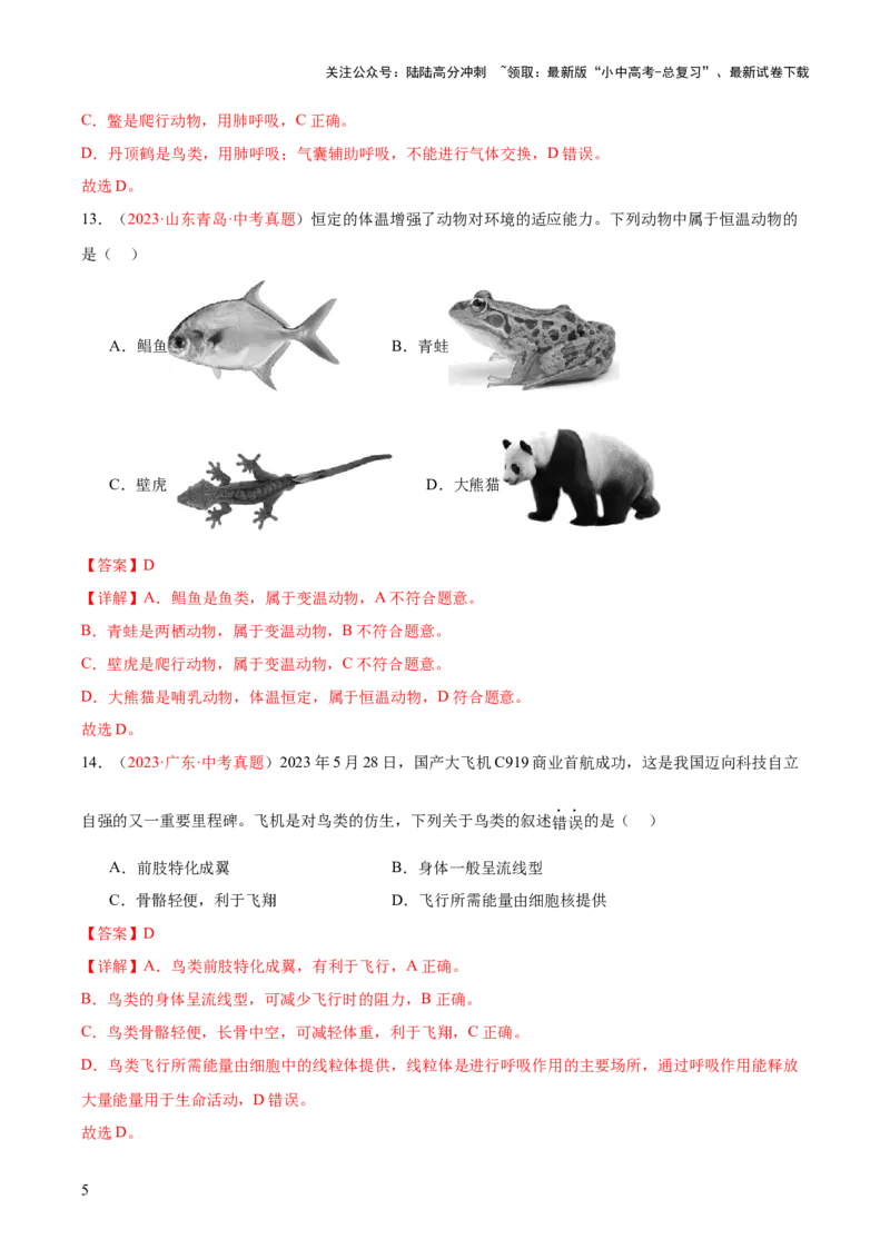 专题16动物的主要类群（解析版）_02中考总复习（2026版更新中）_08-生物-中考总复习_2024年中考复习资料_一轮复习_❤备战2024年中考生物一轮复习考点帮（全国通用）_练习