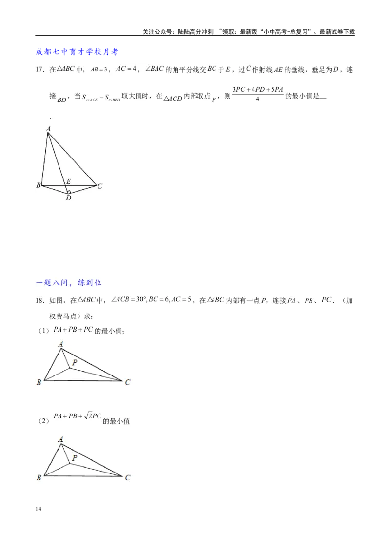专题2-2费马点与加权费马点详细总结（原卷版）_02中考总复习（2026版更新中）_02-数学-中考总复习_2024年中考复习资料_专项复习资料