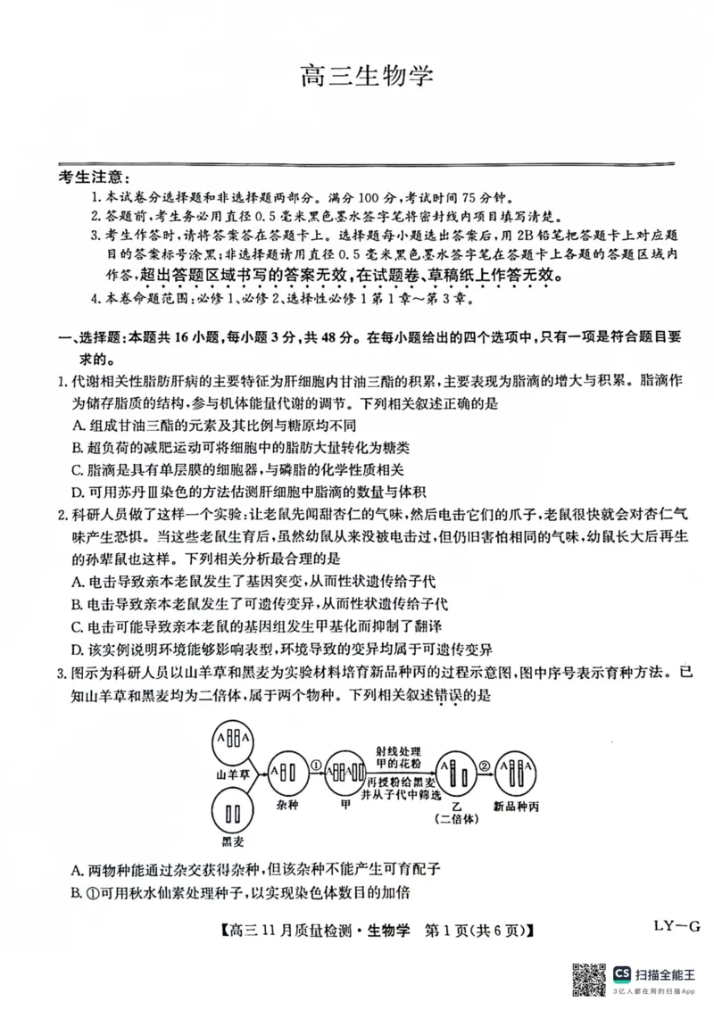 2025届高三上学期12月联考生物试题_A1502026各地模拟卷（超值！）_12月_241207九师联盟2025届高三12月联考（11月质量检测巩固卷）