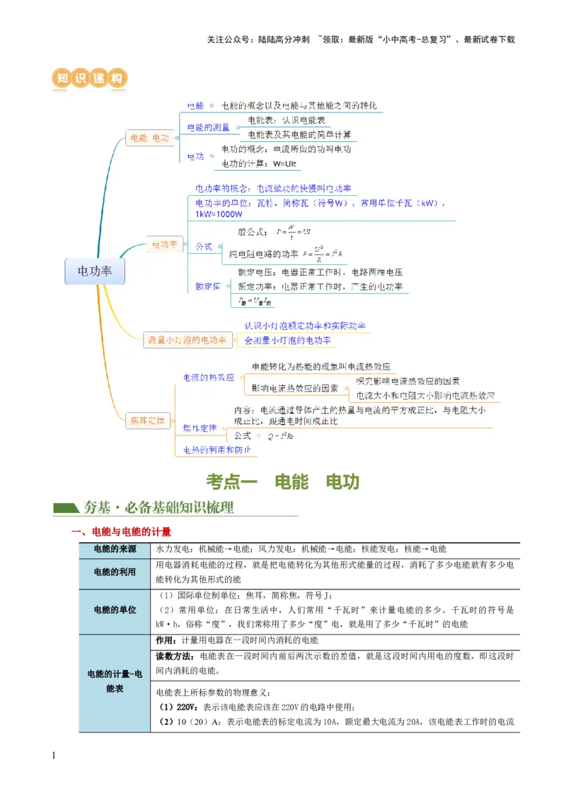 专题17电功率（4考点+12考向）（讲义）（原卷版）_02中考总复习（2026版更新中）_04-物理-中考总复习_2024年中考复习资料_一轮复习_配套讲义（原卷版+解析版）