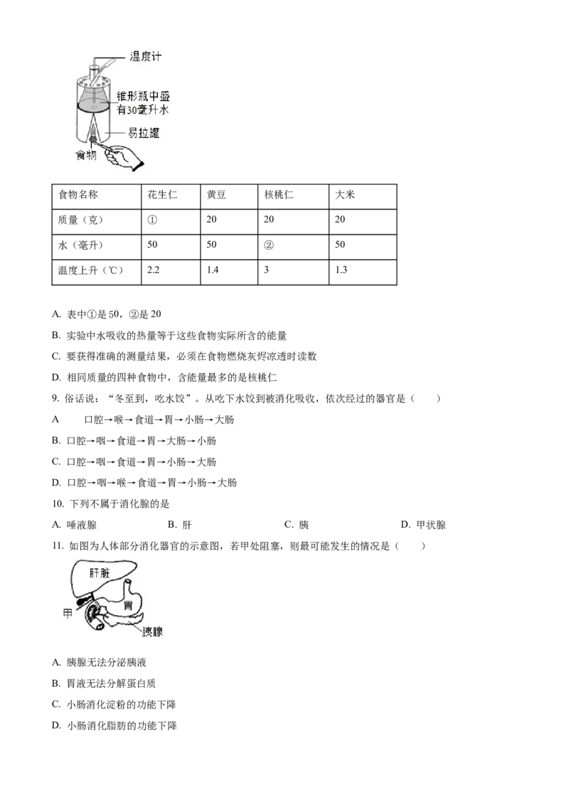 精品解析：北京市北京师范大学附属中学2021-2022学年七年级下学期期中生物试题（原卷版）(1)_北京初中期末题_C605-京七八九_B京生物七八九_北京7下生物_2021-2022