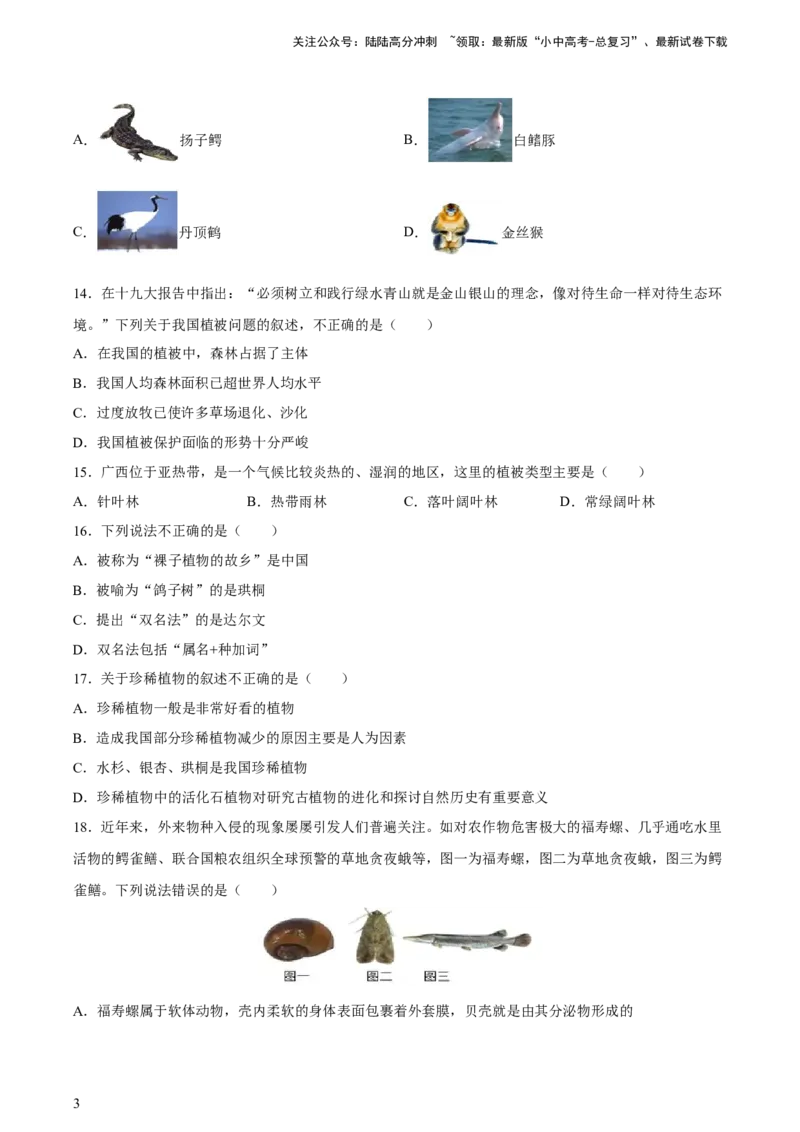 专题19生物的多样性及其保护（习题精练）-省心备考2024年中考生物一轮复习精讲精练（全国通用）（原卷版）_02中考总复习（2026版更新中）_08-生物-中考总复习_2024年中考复习资料