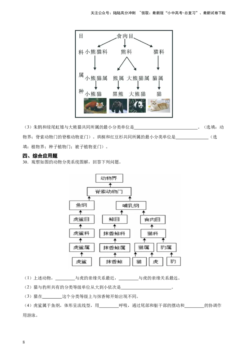 专题19生物的多样性及其保护（习题精练）-省心备考2024年中考生物一轮复习精讲精练（全国通用）（原卷版）_02中考总复习（2026版更新中）_08-生物-中考总复习_2024年中考复习资料