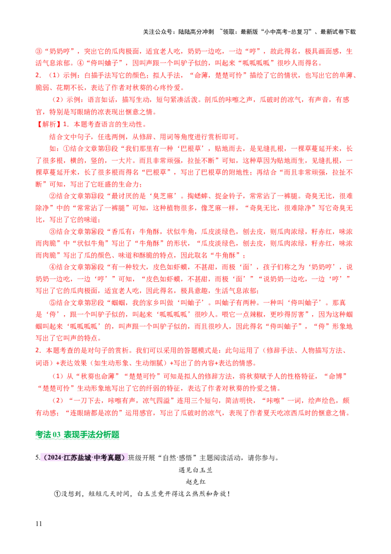 专题18写法与语言赏析（讲练）（解析版）_02中考总复习（2026版更新中）_01-语文-中考总复习_2025年中考资料_2025中考二轮课件ppt+讲义+练习语文_讲义练习