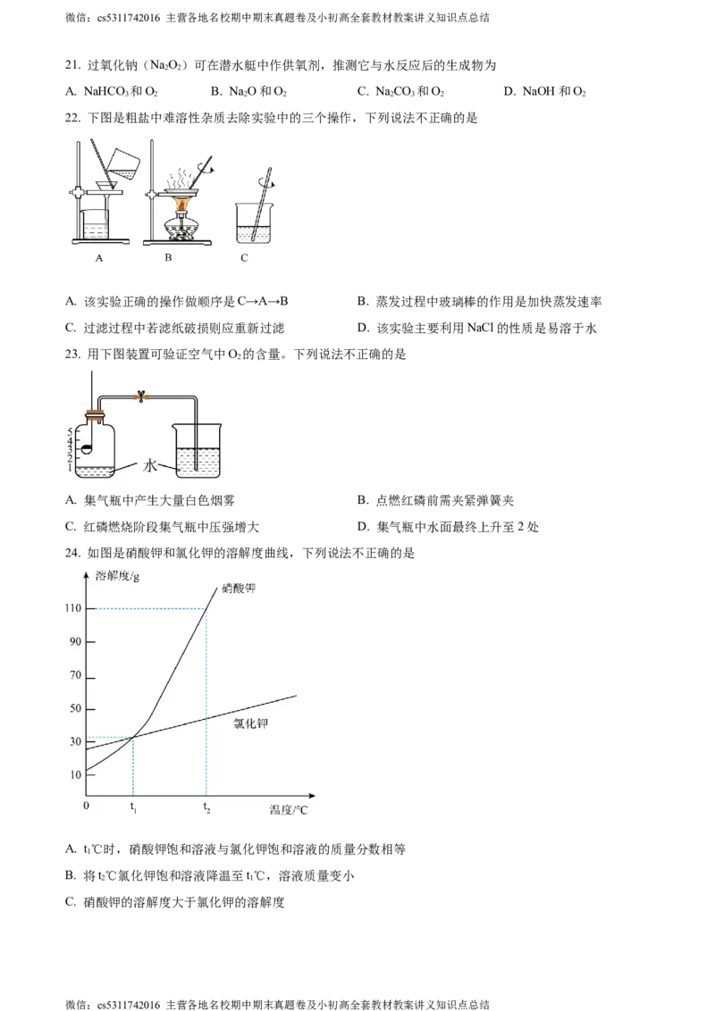 精品解析：2024年北京市平谷区中考一模化学试卷（原卷版）(1)_北京初中期末题_C605-京七八九_B京化学七八九_北京9下化学（含中考模拟）_北京化学9下一二模