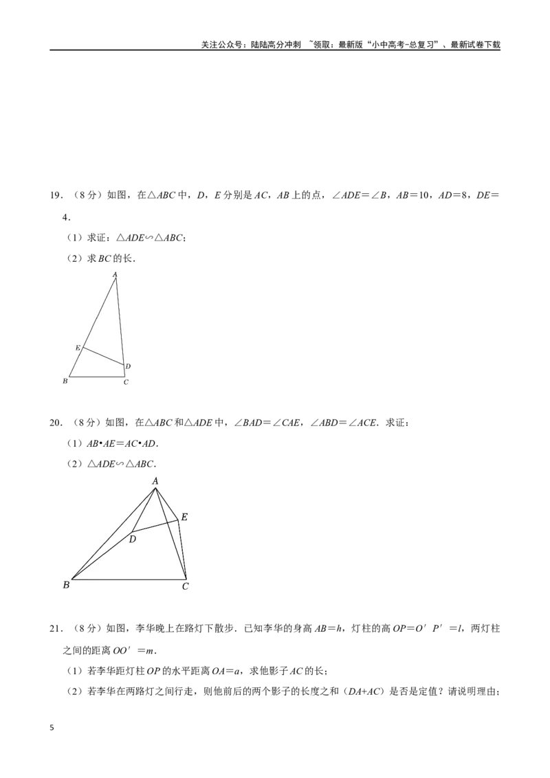 专题19图形的相似与位似过关检测-备战2024年中考数学一轮复习考点帮（全国通用）（考试版）_02中考总复习（2026版更新中）_02-数学-中考总复习_2024年中考复习资料_一轮复习资料