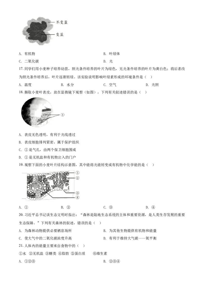 精品解析：北京市昌平区2021-2022学年七年级上学期期末生物试题（原卷版）(1)_北京初中期末题_C605-京七八九_B京生物七八九_北京7上生物_2021-2022
