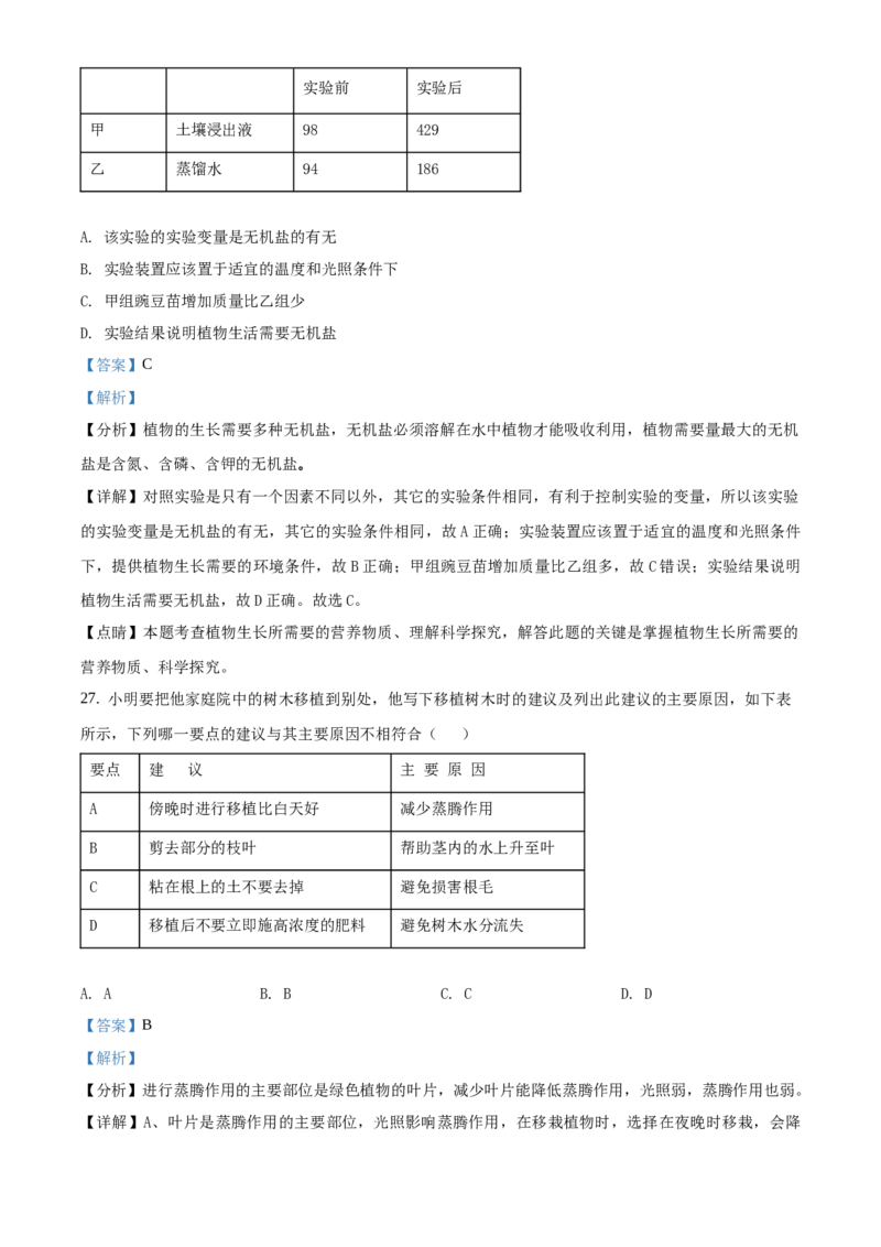 精品解析：北京市延庆区2019-2020学年七年级上学期期末生物试题（解析版）(1)_北京初中期末题_C605-京七八九_B京生物七八九_北京7上生物_2019-2020