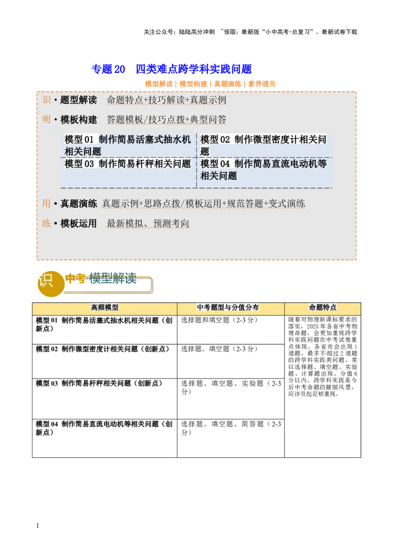 专题20四类难点跨学科实践问题（原卷版）_02中考总复习（2026版更新中）_04-物理-中考总复习_2025年中考复习资料_2025年中考物理答题方法模板