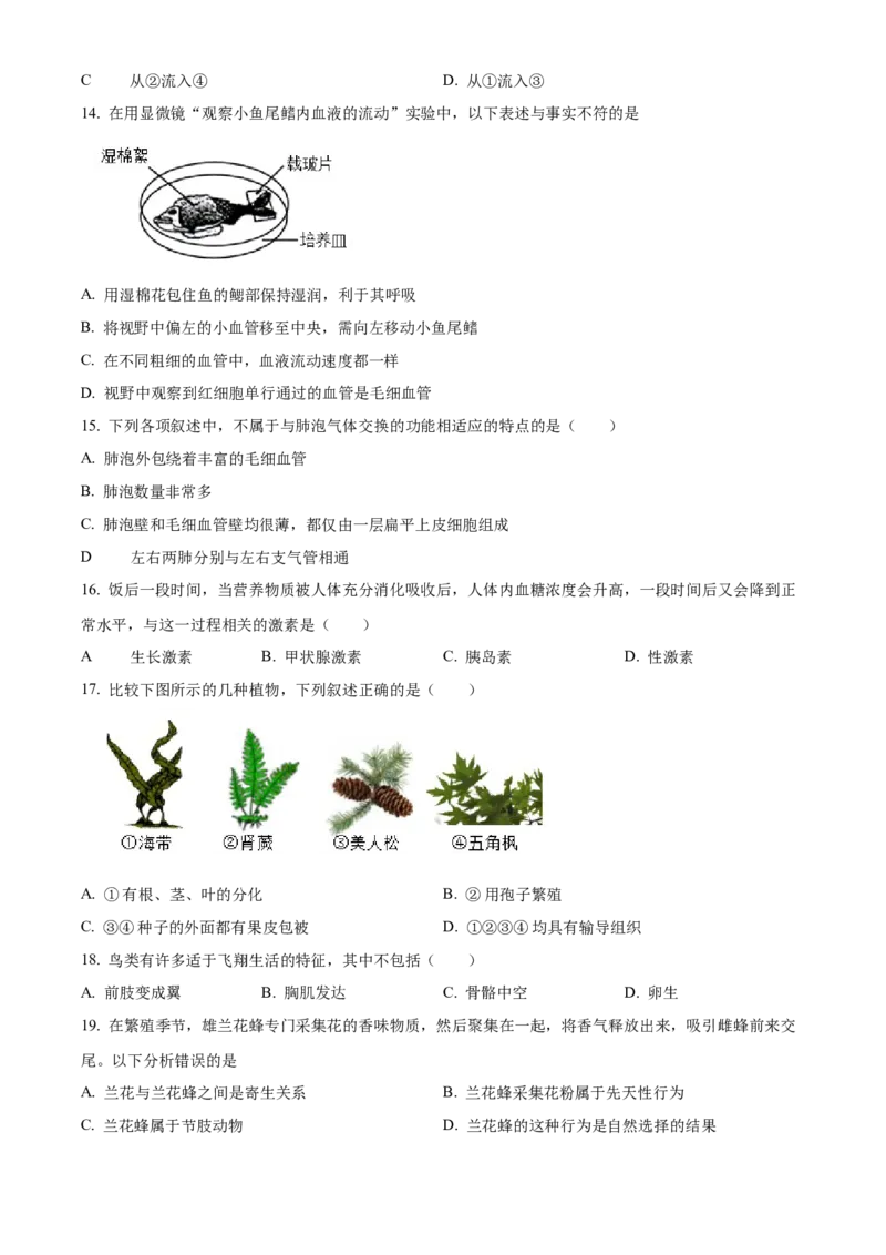 精品解析：北京市北京师范大学附属中学2020-2021学年八年级下学期期中生物试题（原卷版）(1)_北京初中期末题_C605-京七八九_B京生物七八九_北京八下生物