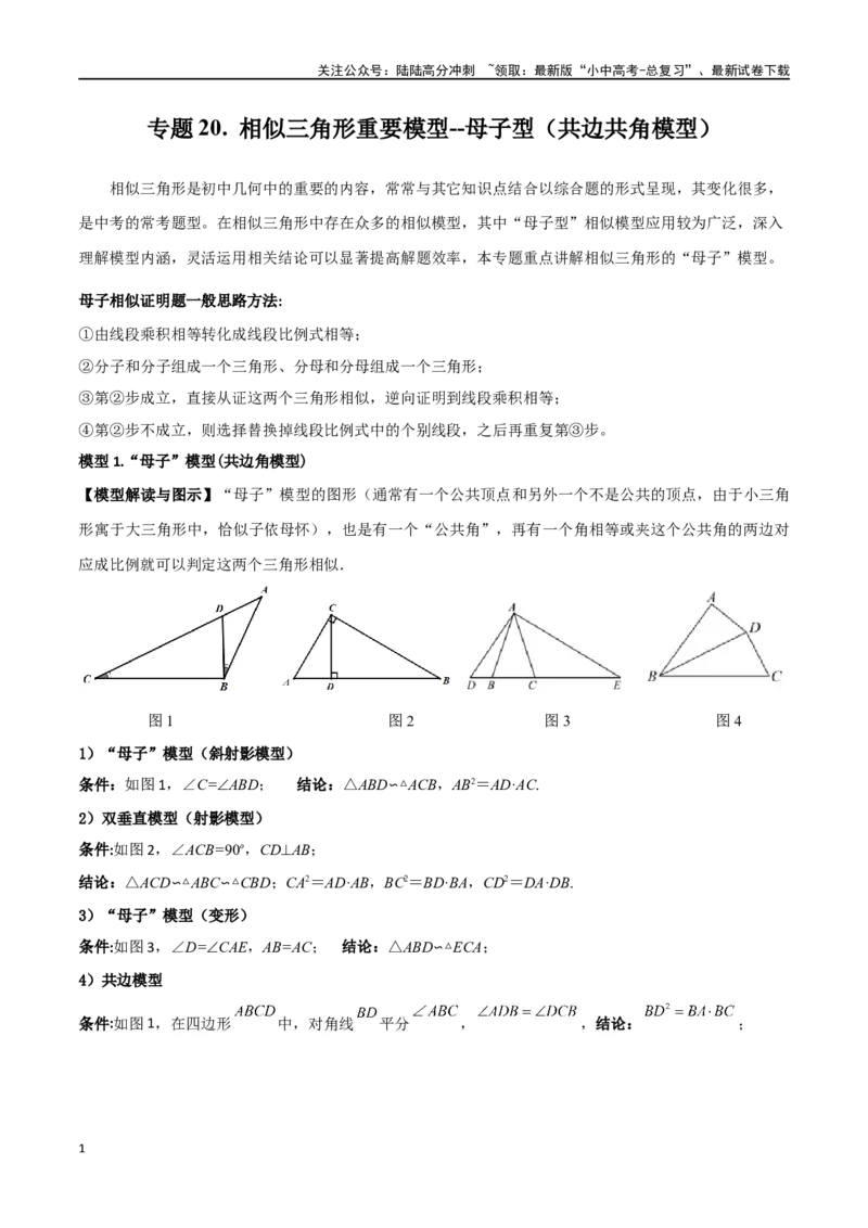 专题20相似三角形重要模型之母子型（共边共角模型）（原卷版）_02中考总复习（2026版更新中）_02-数学-中考总复习_2024年中考复习资料_专项复习资料