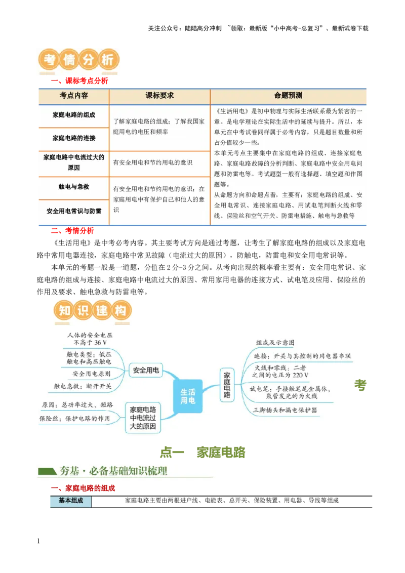 专题19生活用电（3考点+6考向）（讲义）（原卷版）_02中考总复习（2026版更新中）_04-物理-中考总复习_2024年中考复习资料_一轮复习_配套讲义（原卷版+解析版）