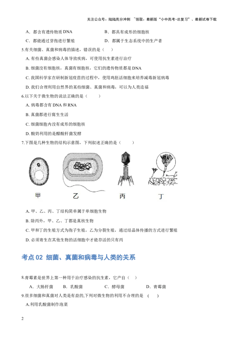 专题18细菌、真菌和病毒（练习）（原卷版）_02中考总复习（2026版更新中）_08-生物-中考总复习_2024年中考复习资料_一轮复习_❤2024年中考生物一轮复习讲练测（全国通用）_练习