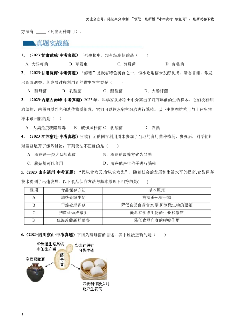 专题18细菌、真菌和病毒（练习）（原卷版）_02中考总复习（2026版更新中）_08-生物-中考总复习_2024年中考复习资料_一轮复习_❤2024年中考生物一轮复习讲练测（全国通用）_练习