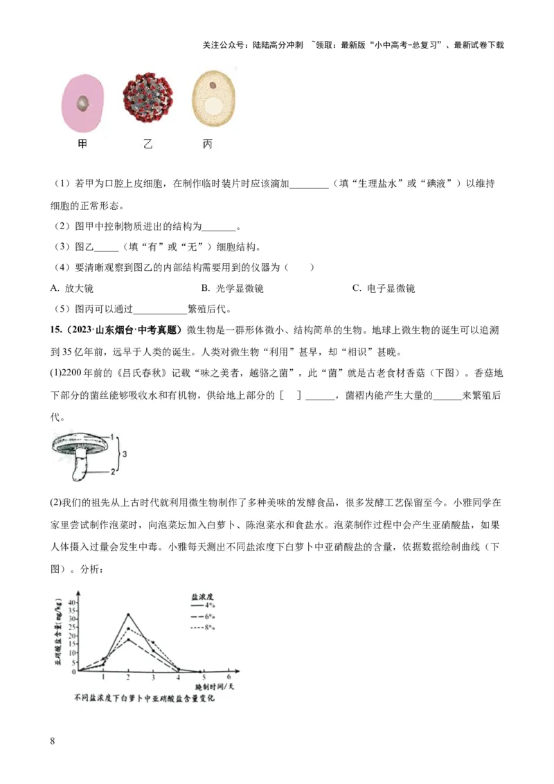 专题18细菌、真菌和病毒（练习）（原卷版）_02中考总复习（2026版更新中）_08-生物-中考总复习_2024年中考复习资料_一轮复习_❤2024年中考生物一轮复习讲练测（全国通用）_练习
