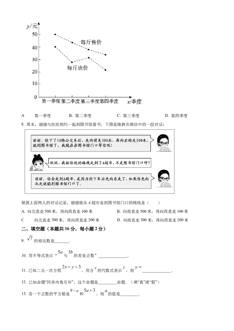 精品解析：北京市密云区2021-2022学年七年级下学期期末数学试题（原卷版）(1)_北京初中期末题_C605-京七八九_B京市数学七八九_北京7下数学_2021-2022