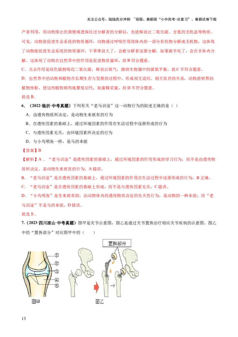 专题17动物的运动和行为、动物在生物圈中的作用（练习）（解析版）_02中考总复习（2026版更新中）_08-生物-中考总复习_2024年中考复习资料_一轮复习_练习