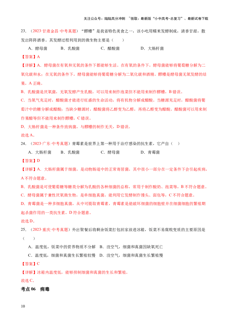 专题18细菌、真菌和病毒（解析版）_02中考总复习（2026版更新中）_08-生物-中考总复习_2024年中考复习资料_一轮复习_❤备战2024年中考生物一轮复习考点帮（全国通用）_练习