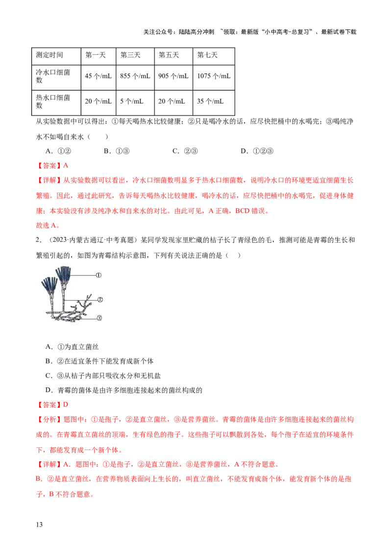 专题18细菌、真菌和病毒（解析版）_02中考总复习（2026版更新中）_08-生物-中考总复习_2024年中考复习资料_一轮复习_❤备战2024年中考生物一轮复习考点帮（全国通用）_练习
