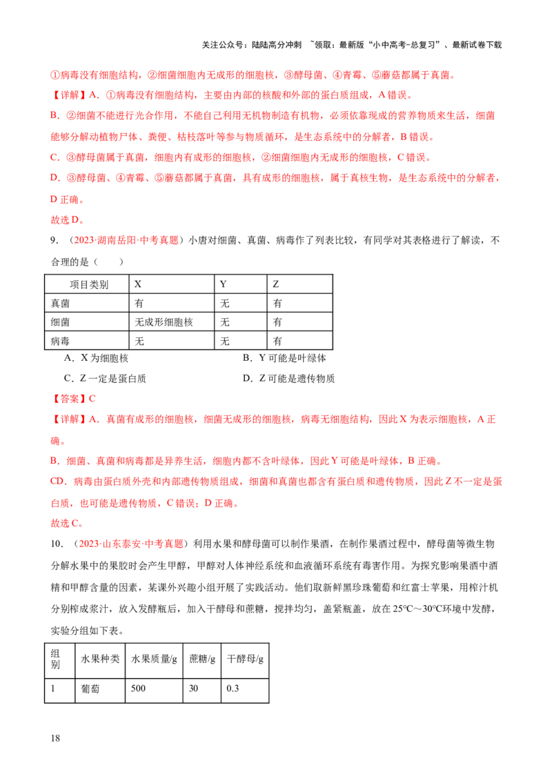专题18细菌、真菌和病毒（解析版）_02中考总复习（2026版更新中）_08-生物-中考总复习_2024年中考复习资料_一轮复习_❤备战2024年中考生物一轮复习考点帮（全国通用）_练习