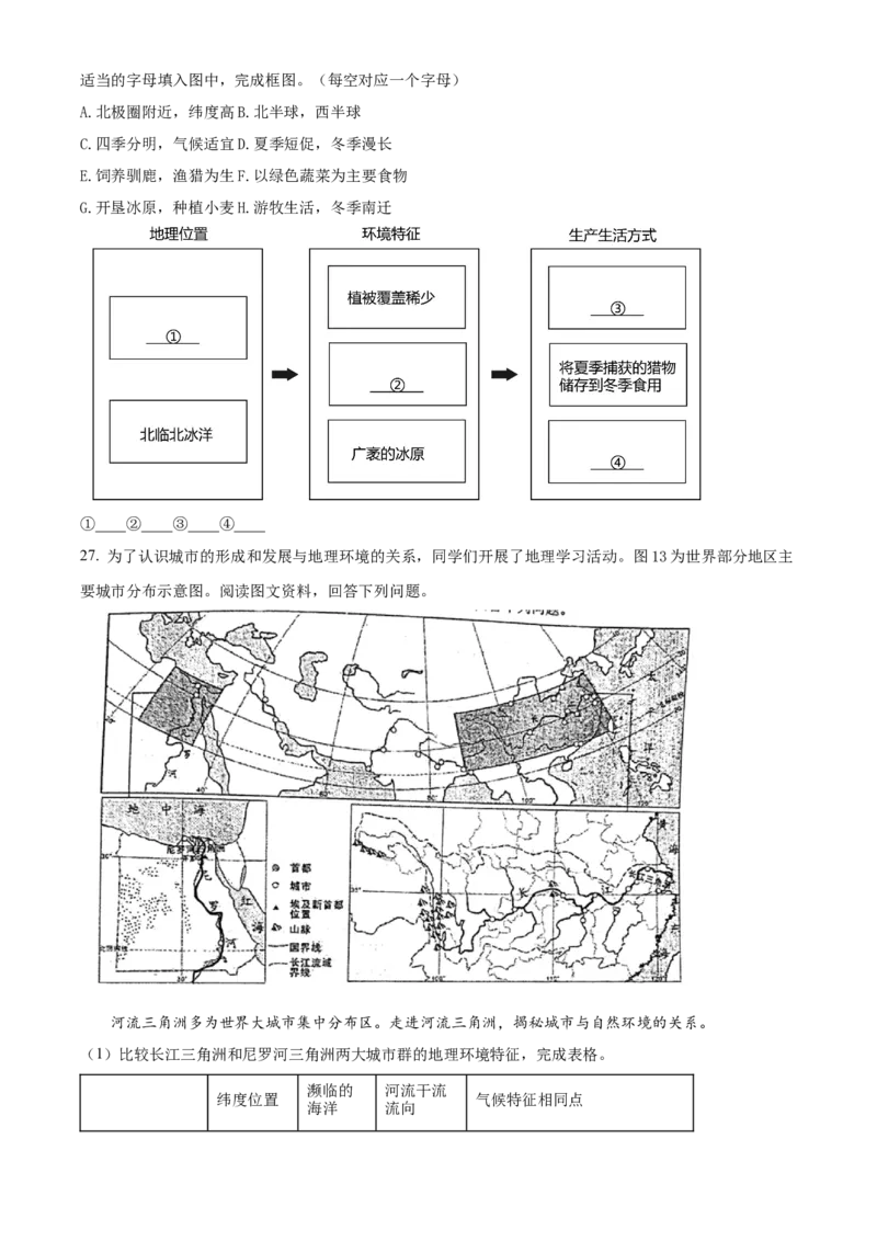 精品解析：北京市北京师范大学附属中学2021-2022学年七年级下学期期中地理试题（原卷版）(1)_北京初中期末题_C605-京七八九_B京地理七八九_地理_北京7下地理_2021-2022