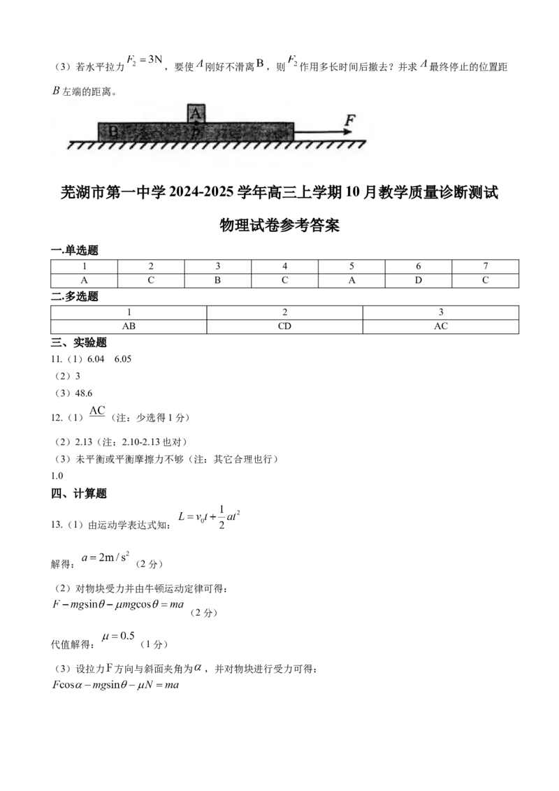安徽省芜湖市第一中学2024-2025学年高三上学期10月教学质量诊断测试物理试题（含答案）_A1502026各地模拟卷（超值！）_10月