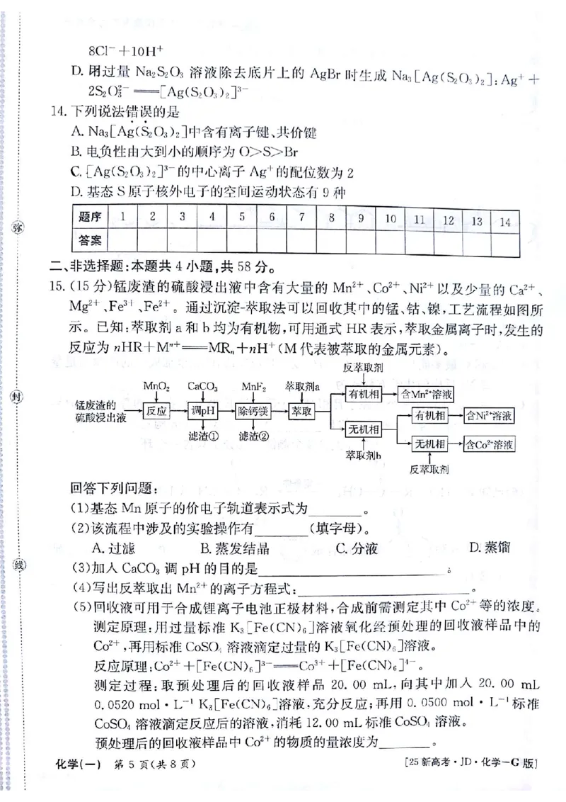化学试题_A1502026各地模拟卷（超值！）_9月_2409242025高考模拟金典卷25新高考JD&middot;Y_2025高考模拟金典卷化学试题