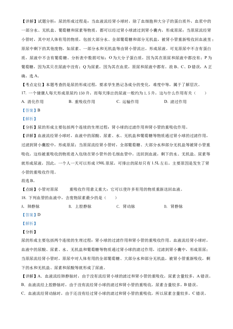 精品解析：北京市平谷区2020-2021学年七年级下学期期末生物试题（解析版）(1)_北京初中期末题_C605-京七八九_B京生物七八九_北京7下生物_2020-2021