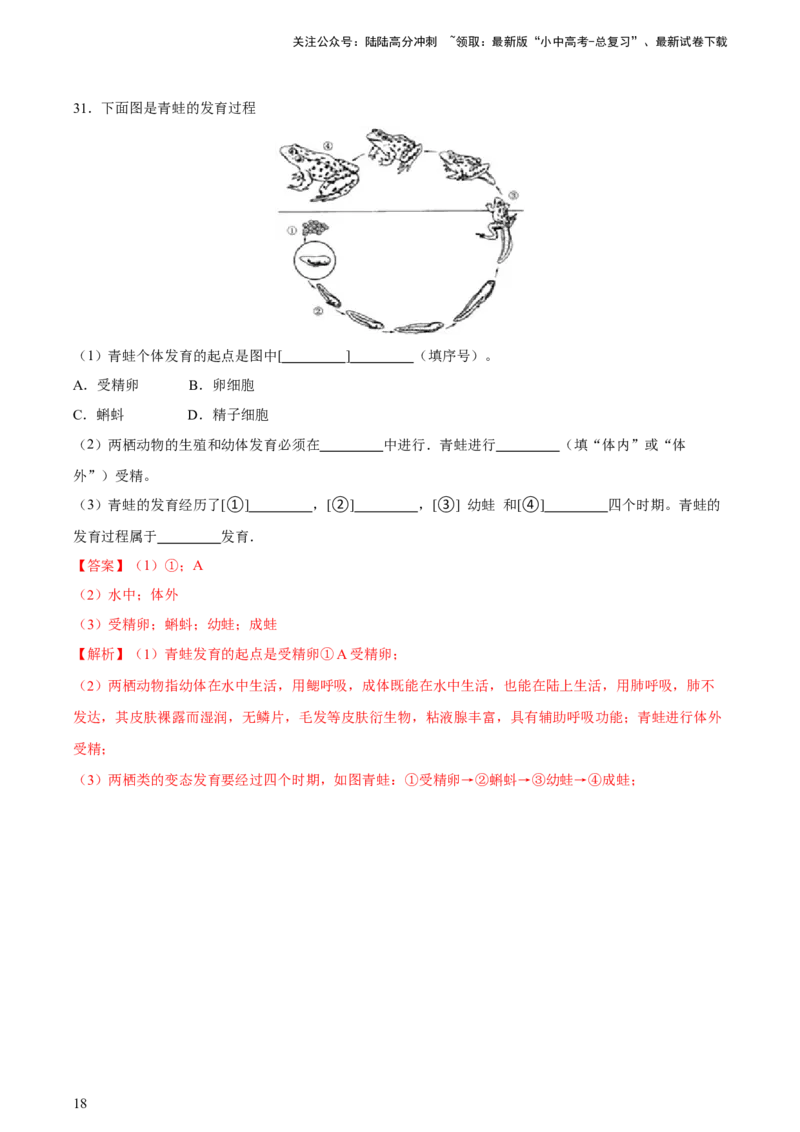 专题20生物的生殖和发育（习题精练）-省心备考2024年中考生物一轮复习精讲精练（全国通用）（解析版）_02中考总复习（2026版更新中）_08-生物-中考总复习_2024年中考复习资料