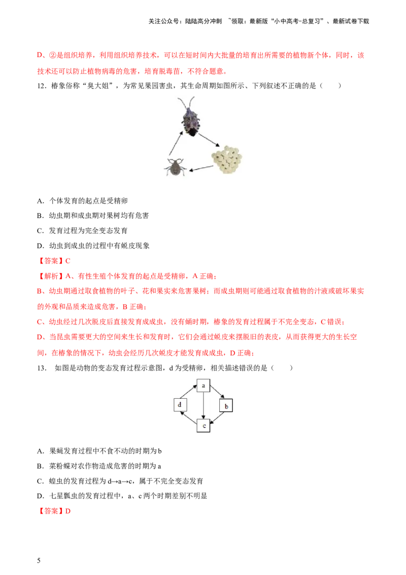 专题20生物的生殖和发育（习题精练）-省心备考2024年中考生物一轮复习精讲精练（全国通用）（解析版）_02中考总复习（2026版更新中）_08-生物-中考总复习_2024年中考复习资料
