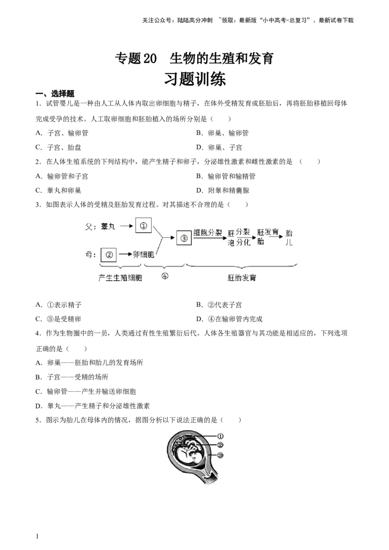 专题20生物的生殖和发育（习题精练）-省心备考2024年中考生物一轮复习精讲精练（全国通用）（原卷版）_02中考总复习（2026版更新中）_08-生物-中考总复习_2024年中考复习资料