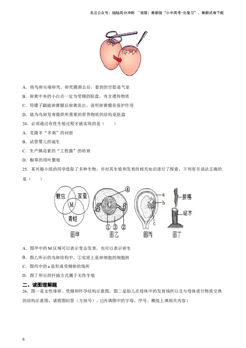 专题20生物的生殖和发育（习题精练）-省心备考2024年中考生物一轮复习精讲精练（全国通用）（原卷版）_02中考总复习（2026版更新中）_08-生物-中考总复习_2024年中考复习资料