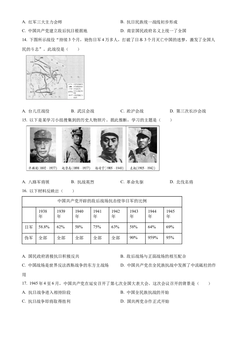 精品解析：北京市昌平区2022-2023学年八年级上学期期末历史试题（原卷版）(1)_北京初中期末题_C605-京七八九_B京历史七八九_北京8上历史_2022-2024_北京历史8上期末