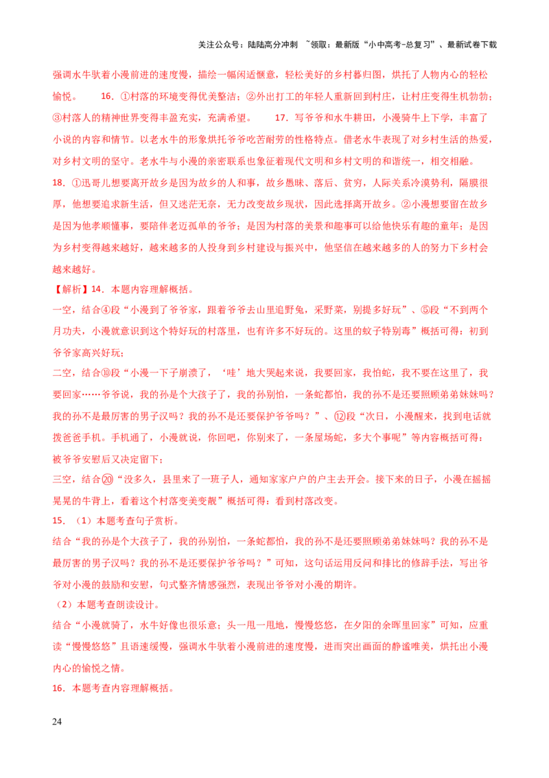 专题19词、句、段的作用及赏析（讲练）-2024年中考语文二轮复习讲练测（全国通用）（解析版）_02中考总复习（2026版更新中）_01-语文-中考总复习_2024年中考资料_二轮复习_讲义