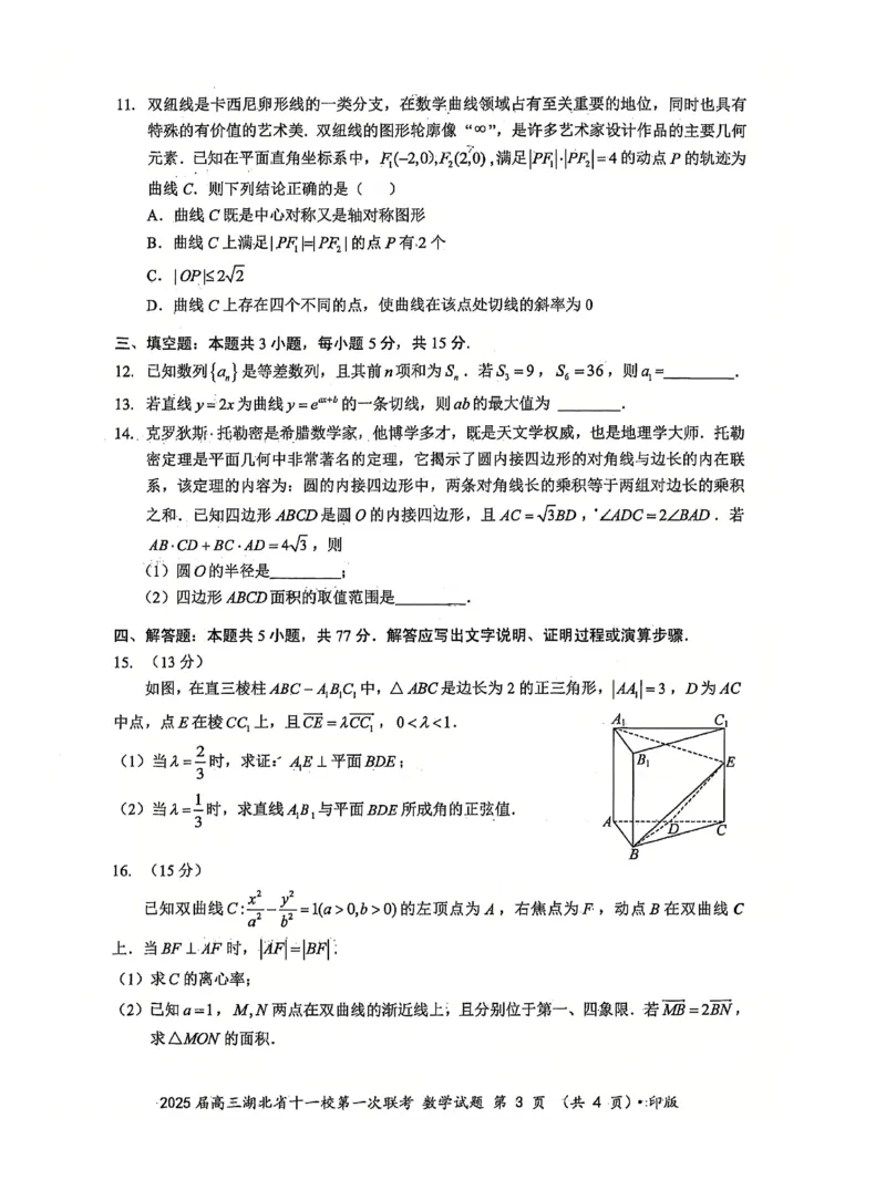 十一校数学试卷_A1502026各地模拟卷（超值！）_12月_241205湖北十一校2025届高三12月联考_数学