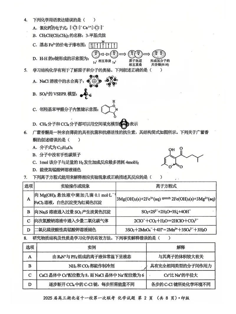十一校化学试卷_A1502026各地模拟卷（超值！）_12月_241205湖北十一校2025届高三12月联考_化学