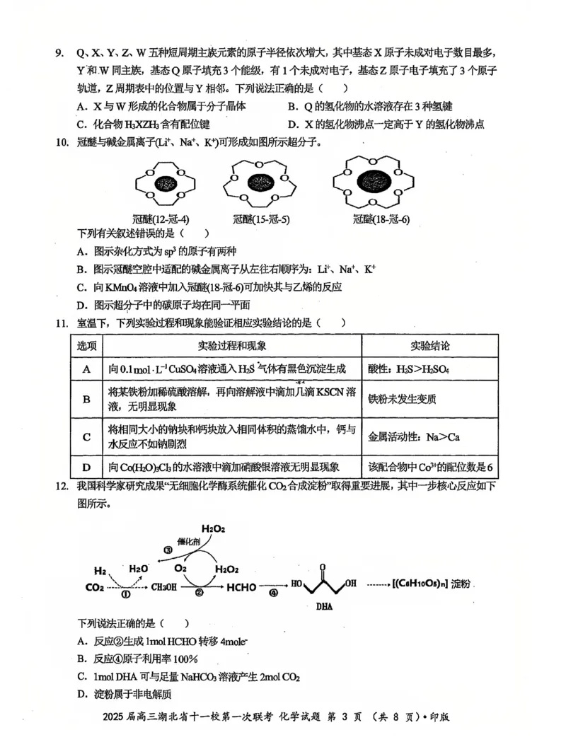 十一校化学试卷_A1502026各地模拟卷（超值！）_12月_241205湖北十一校2025届高三12月联考_化学