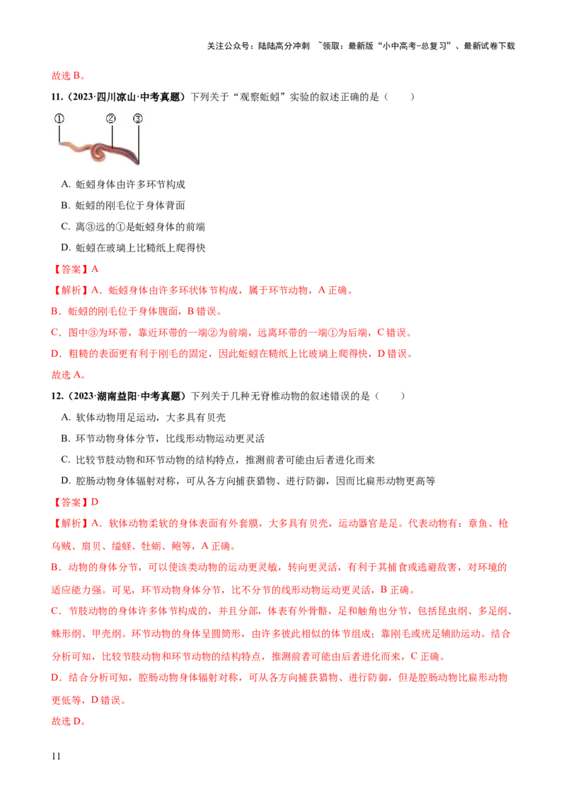 专题16动物的主要类群（练习）（解析版）_02中考总复习（2026版更新中）_08-生物-中考总复习_2024年中考复习资料_一轮复习_❤2024年中考生物一轮复习讲练测（全国通用）_练习