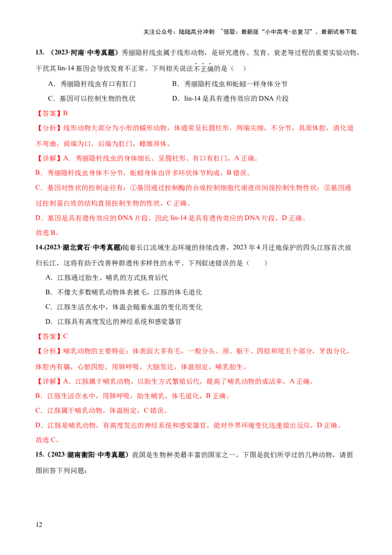 专题16动物的主要类群（练习）（解析版）_02中考总复习（2026版更新中）_08-生物-中考总复习_2024年中考复习资料_一轮复习_❤2024年中考生物一轮复习讲练测（全国通用）_练习