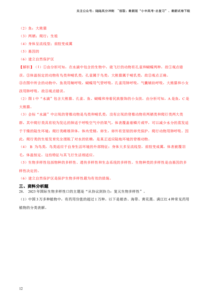 专题19生物的多样性及其保护（习题精练）-省心备考2024年中考生物一轮复习精讲精练（全国通用）（解析版）_02中考总复习（2026版更新中）_08-生物-中考总复习_2024年中考复习资料