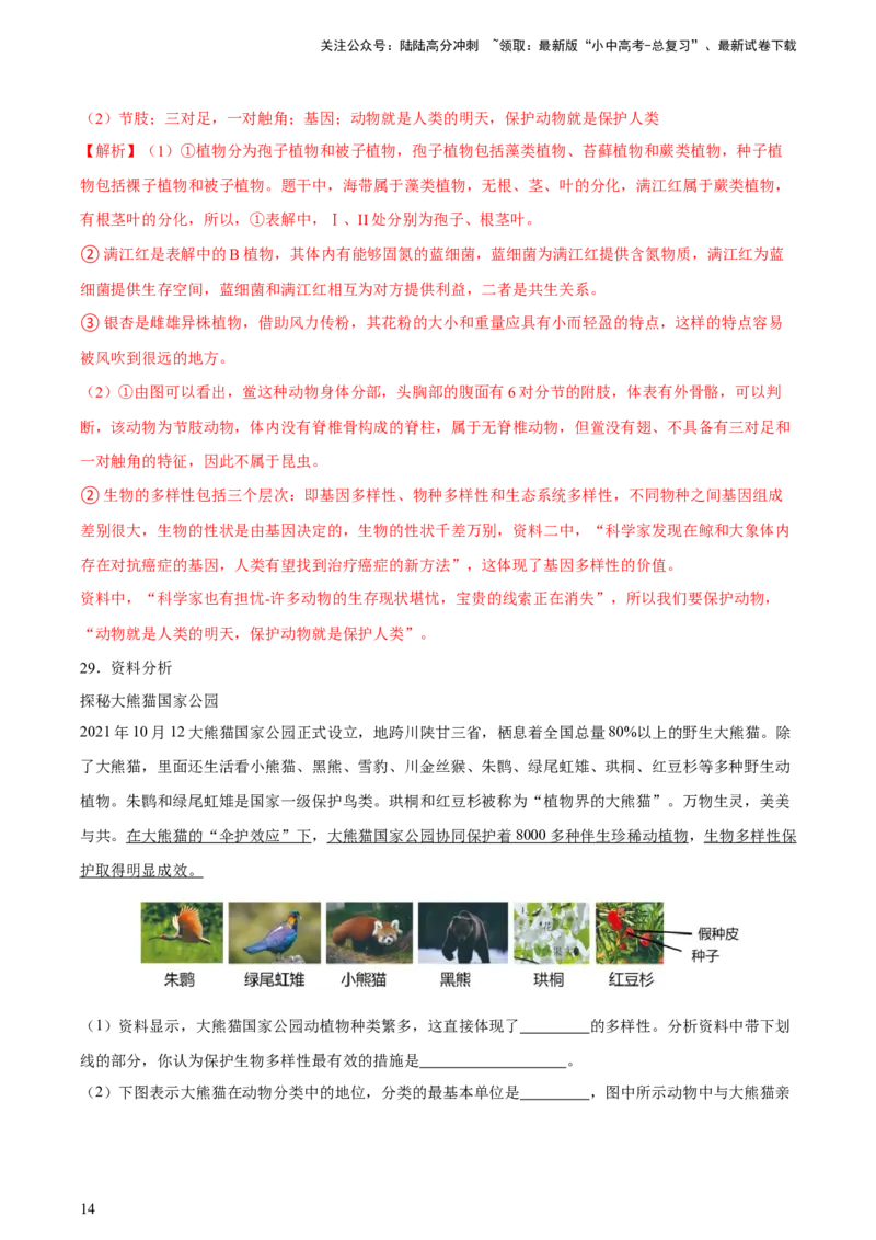 专题19生物的多样性及其保护（习题精练）-省心备考2024年中考生物一轮复习精讲精练（全国通用）（解析版）_02中考总复习（2026版更新中）_08-生物-中考总复习_2024年中考复习资料