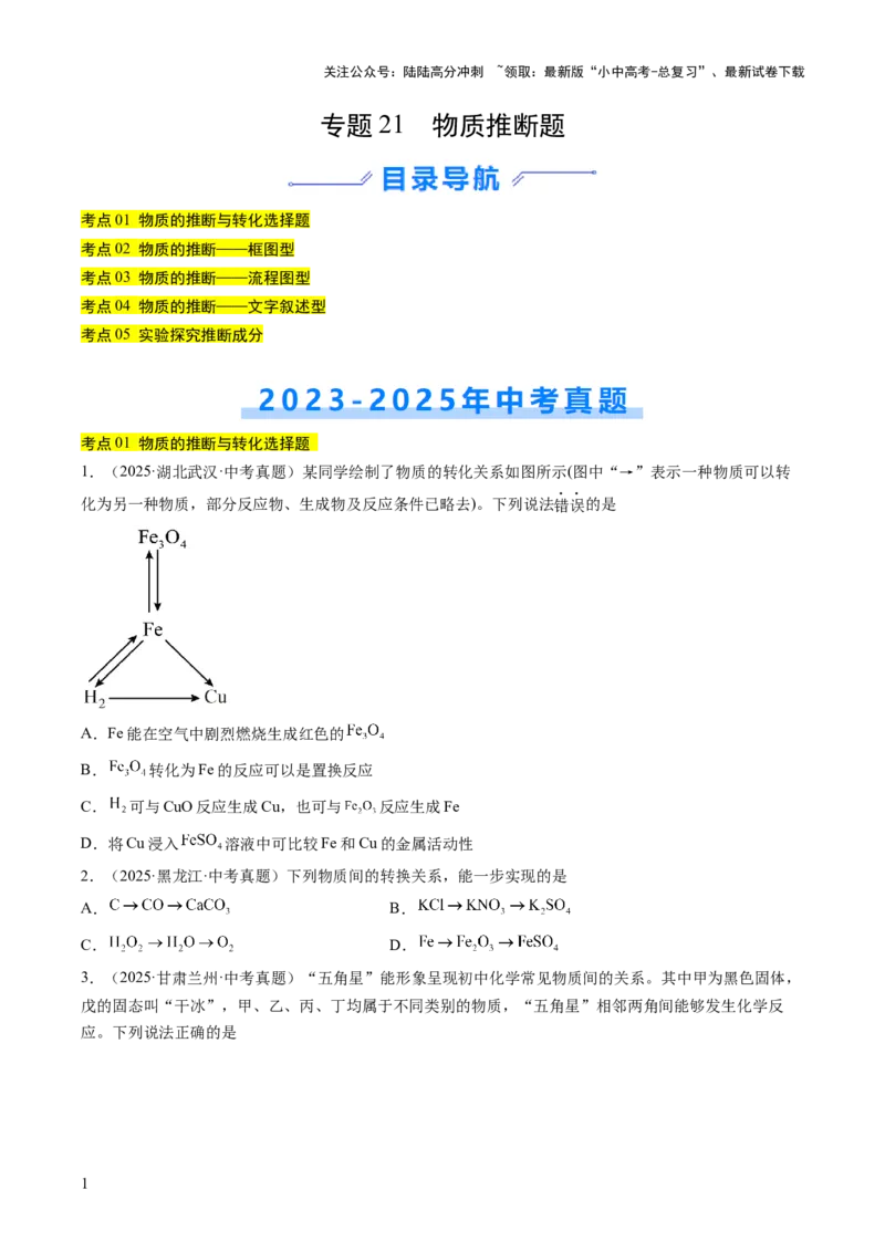 专题21物质推断题（原卷版）_02中考总复习（2026版更新中）_05-化学-中考总复习_2026年中考复习（更新中）_好题汇编三年（2023-2025）中考化学真题分类汇编（全国通用）