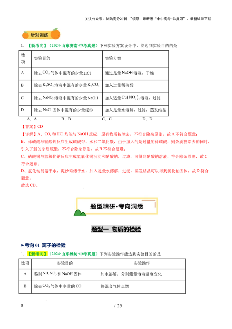 专题17物质的检验、鉴别和除杂（讲义）（解析版）_02中考总复习（2026版更新中）_05-化学-中考总复习_2025年中考复习资料_2025中考化学一轮复习讲义+课件_讲义