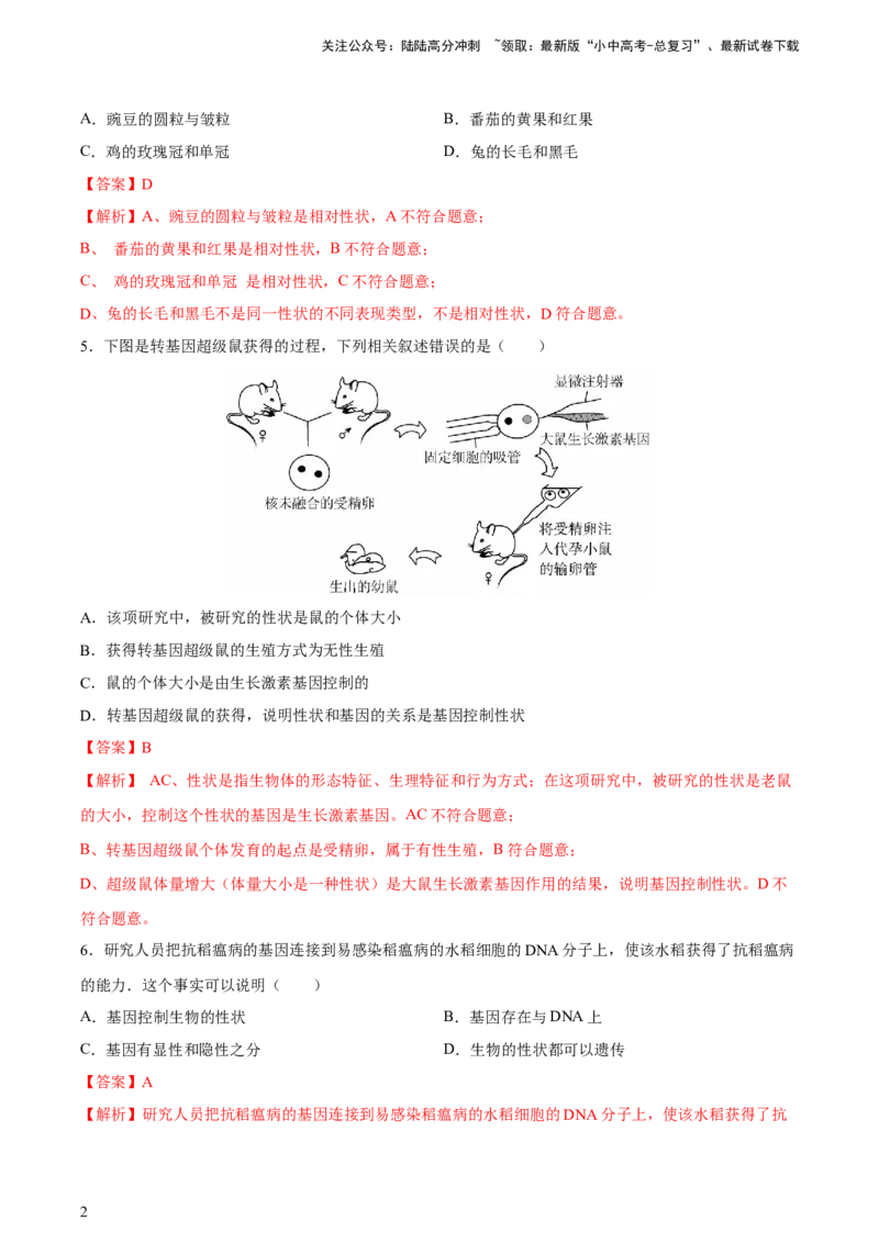 专题21生物的遗传和变异（习题精练）-省心备考2024年中考生物一轮复习精讲精练（全国通用）（解析版）_02中考总复习（2026版更新中）_08-生物-中考总复习_2024年中考复习资料