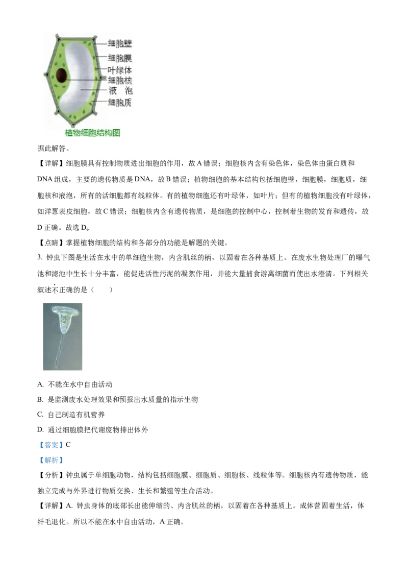 精品解析：2022年北京市第五中学分校中考一模生物试题（解析版）(1)_北京初中期末题_C605-京七八九_B京生物七八九_北京八下生物_精品解析：2022年北京市第五中学分校中考一模生物试题
