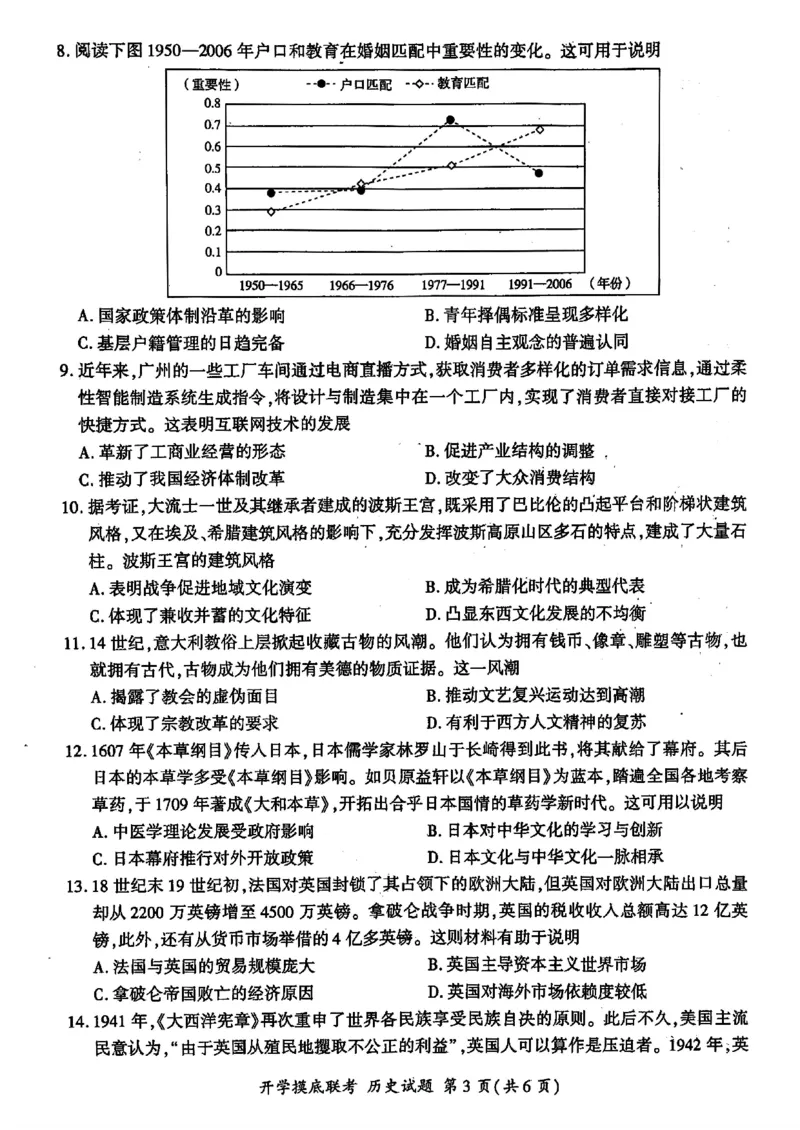 山东省百师联盟高三开学摸底联考（百S）+历史_A1502026各地模拟卷（超值！）_9月_240908山东省百师联盟高三开学摸底联考