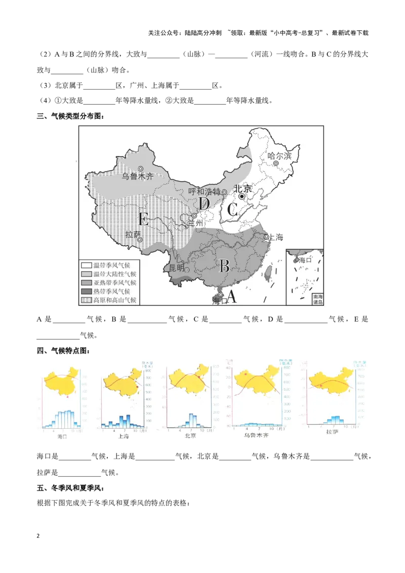 专题18中国的气候-备战2024年中考地理识图速记手册与变式演练（全国通用）（原卷版）_02中考总复习（2026版更新中）_09-地理-中考总复习_2024年中考复习资料_专项复习资料