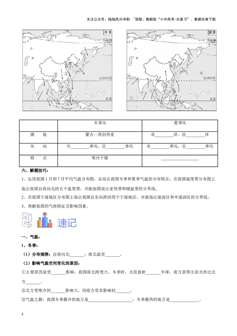 专题18中国的气候-备战2024年中考地理识图速记手册与变式演练（全国通用）（原卷版）_02中考总复习（2026版更新中）_09-地理-中考总复习_2024年中考复习资料_专项复习资料