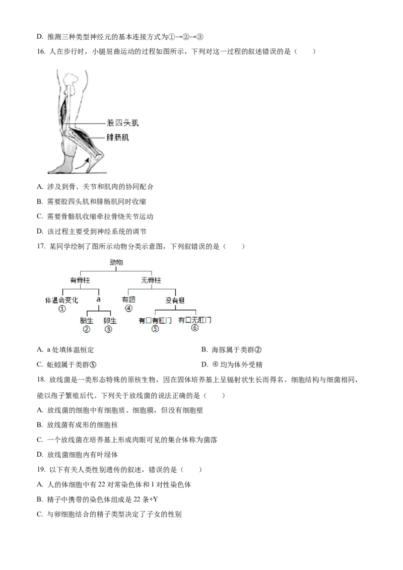 精品解析：北京市十一学校2021-2022学年八年级下学期期中生物试题（原卷版）(1)_北京初中期末题_C605-京七八九_B京生物七八九_北京八下生物