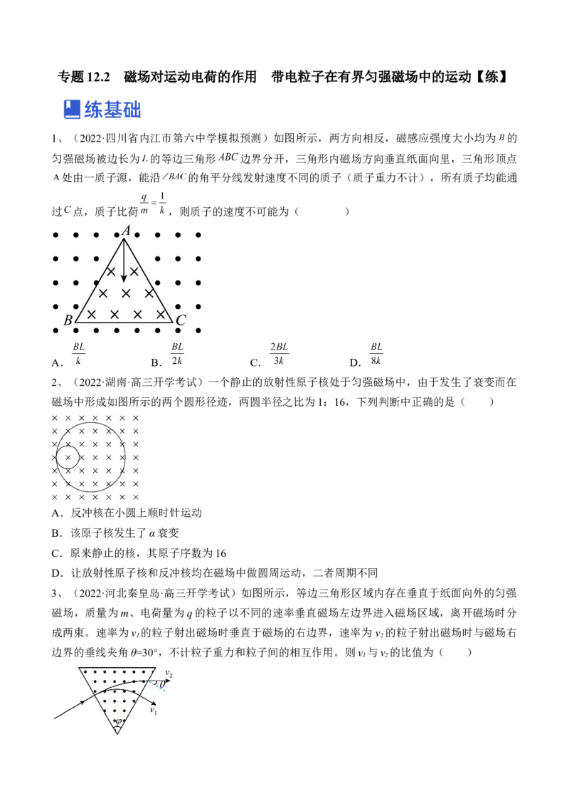 专题12.2　磁场对运动电荷的作用　带电粒子在有界匀强磁场中的运动练&mdash;&mdash;2023年高考物理一轮复习讲练测（新教材新高考通用）（原卷版）_4.2025物理总复习_2023年新高复习资料